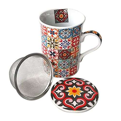 Set de 4 Mugs de Porcelana Decorativas con Filtro "Hidráulico" Surtidas. Tazas para Desayuno. Vajillas. Regalos Originales. Decoración Hogar. Menaje de Cocina. 11 x 8 x 11 cm.