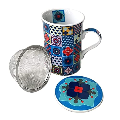 Set de 4 Mugs de Porcelana Decorativas con Filtro "Hidráulico" Surtidas. Tazas para Desayuno. Vajillas. Regalos Originales. Decoración Hogar. Menaje de Cocina. 11 x 8 x 11 cm.