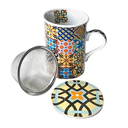 Set de 4 Mugs de Porcelana Decorativas con Filtro "Hidráulico" Surtidas. Tazas para Desayuno. Vajillas. Regalos Originales. Decoración Hogar. Menaje de Cocina. 11 x 8 x 11 cm.