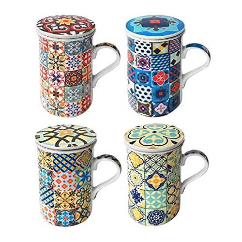 Set de 4 Mugs de Porcelana Decorativas con Filtro "Hidráulico" Surtidas. Tazas para Desayuno. Vajillas. Regalos Originales. Decoración Hogar. Menaje de Cocina. 11 x 8 x 11 cm.