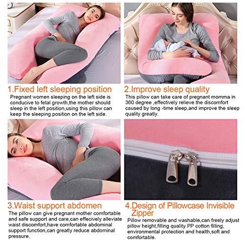 SHANNA Almohada de Embarazo, Almohada de Cuerpo Completo con Forma de U Grande, 100% algodón con Funda de Terciopelo reemplazable y Lavable para Dormir y Alimentar, 70 x 145 cm Gris (Gris+Rosa)