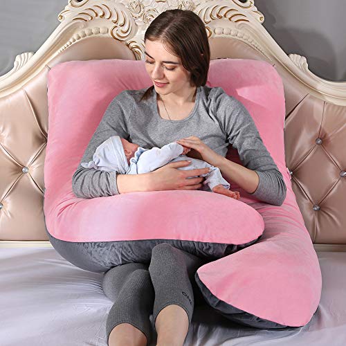 SHANNA Almohada de Embarazo, Almohada de Cuerpo Completo con Forma de U Grande, 100% algodón con Funda de Terciopelo reemplazable y Lavable para Dormir y Alimentar, 70 x 145 cm Gris (Gris+Rosa)