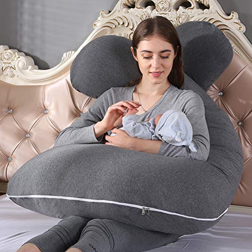 SHANNA Almohada de Embarazo, Incluye Funda de Almohada de algodón, Almohadas de Maternidad para Mujeres Embarazadas con Forma de U, Funda de Almohada Desmontable y Lavable, 70 x 145 cm (Gris Tejido)