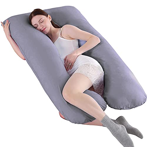 SHANNA - Almohada extragrande para adultos, almohada corporal para embarazadas y maternidad, en forma de U, con funda extraíble y lavable, 70 x 130 cm, algodón, gris, 70*130CM