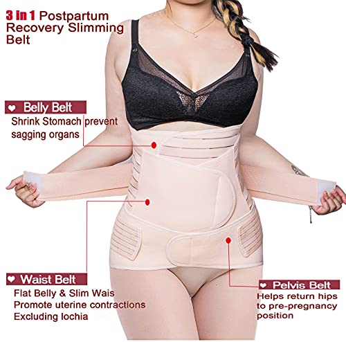 SHYL~JIER Postparto vientre Wrap 3 en 1 Post Parto Apoyo Recuperación – Cinturón de vientre, cintura/pelvis para mujer, moldeador de cuerpo de barriga bandido cintura faja (mediano, beige)