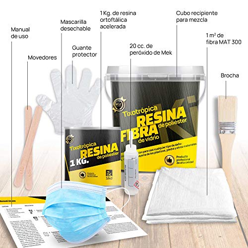 Sikd - Kit Reparación Fibra de Vidrio y Resina de Poliéster 1kg para Embarcaciones, Piscinas, Depósitos, Caravanas, Tuberías, Carrocerías Coches, Motos, Esculturas, Moldes