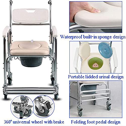 Silla con inodoro 4 en 1/Con silla de inodoro con ruedas Silla de ruedas Silla de transporte para ducha Baño Taburete de baño Frenos de 4 ruedas (360 °) Inodoro móvil Anciano Discapacitado 276 Lb Obe