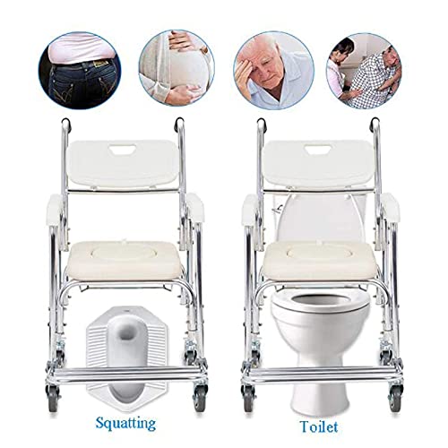 Silla con inodoro 4 en 1/Con silla de inodoro con ruedas Silla de ruedas Silla de transporte para ducha Baño Taburete de baño Frenos de 4 ruedas (360 °) Inodoro móvil Anciano Discapacitado 276 Lb Obe