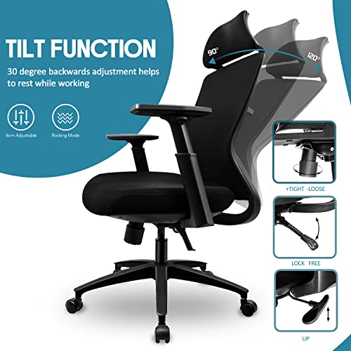 Silla de Oficina Ergonómica,Silla de Escritorio Transpirable con Reposabrazos Ajustables,Silla Giratorio con Altura y Reposabrazos Ajustables,Reposacabezas,Soporte Lumbar