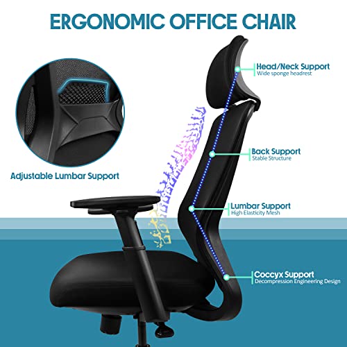 Silla de Oficina Ergonómica,Silla de Escritorio Transpirable con Reposabrazos Ajustables,Silla Giratorio con Altura y Reposabrazos Ajustables,Reposacabezas,Soporte Lumbar