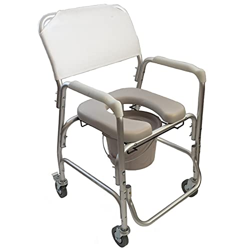 Silla móvil de ducha e interior con inodoro, con Ruedas, Asiento Acolchado, Color Blanco