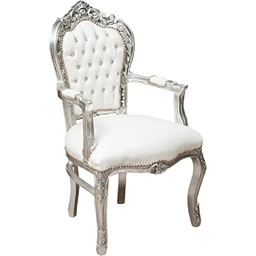 Sillón Barocco - Estilo Luis XIV° - Silla de caoba plateada y ecopiel blanca