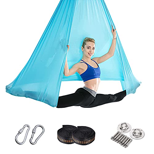 Sinbide Hamaca de Yoga Aerial Juego de Columpio de Yoga Aéreo con Accesorios para Gimnasio Antigravedad Yoga Trapecio Hamaca Swing Yoga Trapecio Plano para Pilates Fitness (Azul, 500x280mm)