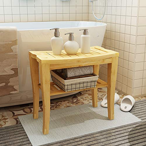 soges 47.5 x 26 x 44.5cm Taburete de baño Taburete de Madera Maciza Taburete de baño Antideslizante Impermeable Taburete de Ducha 2 Niveles KS-HSJ-04