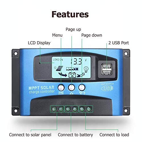 SolaMr 60A Regulador de Carga Solar 12V/24V Panel Solar Regulador de Carga de la Batería con Pantalla LCD y Doble Puerto USB - 60A