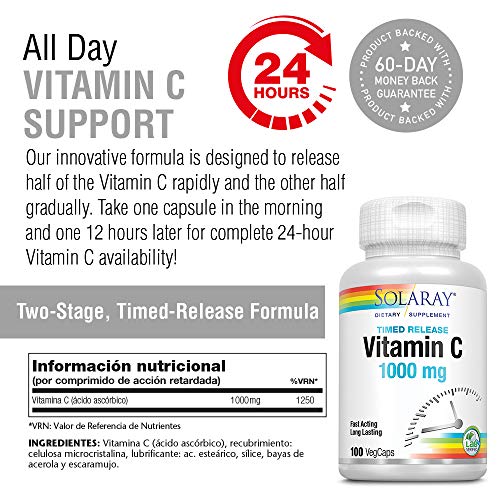 SOLARAY Vitamin C 1000mg | Con Escaramujo Y Acerola | Acción Retardada| Sin Gluten | Apto Para Veganos | Comprimidos, One size, Vanilla, 100 Unidad