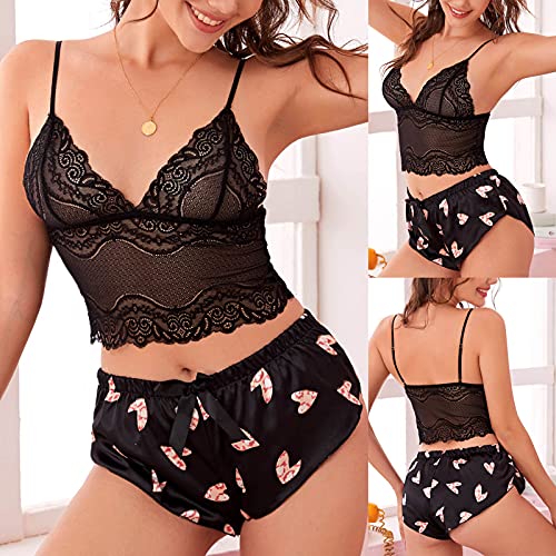 SolaXii Conjuntos De LenceríA Sexy 2 Piezas Ropa Interior Ropa De Dormir BóXer con Estampado De Corazones Cabestrillo De Encaje Transparente V- Cuello Q