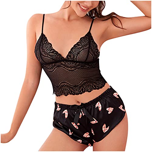 SolaXii Conjuntos De LenceríA Sexy 2 Piezas Ropa Interior Ropa De Dormir BóXer con Estampado De Corazones Cabestrillo De Encaje Transparente V- Cuello Q