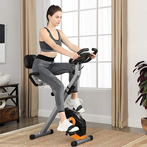 SONGMICS Bicicleta de Ejercicio, Bicicleta Estática, Bicicleta Fitness en Casa, Plegable con Respaldo, Sensor de Pulso, 8 Niveles de Resistencia Magnética, Peso Máx. 100 kg, Naranja y Gris SEB012O01