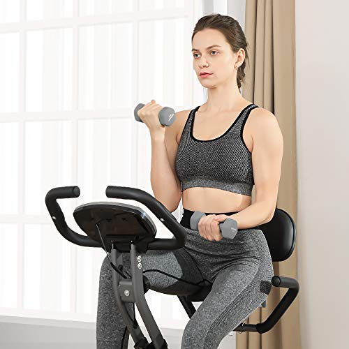 SONGMICS Bicicleta de Ejercicio, Bicicleta Estática, Bicicleta Fitness en Casa, Plegable con Respaldo, Sensor de Pulso, 8 Niveles de Resistencia Magnética, Peso Máx. 100 kg, Naranja y Gris SEB012O01