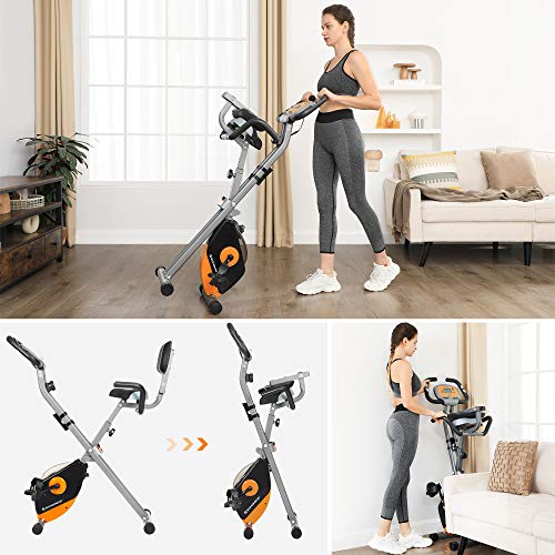 SONGMICS Bicicleta de Ejercicio, Bicicleta Estática, Bicicleta Fitness en Casa, Plegable con Respaldo, Sensor de Pulso, 8 Niveles de Resistencia Magnética, Peso Máx. 100 kg, Naranja y Gris SEB012O01