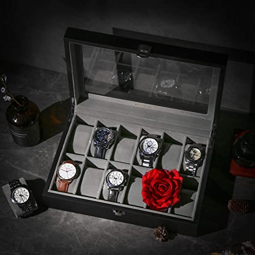 SONGMICS Caja de Relojes con 12 Compartimentos, Estuche para Relojes con Tapa de Cristal, Almohada extraíble, Forro de Terciopelo, Cierre de Metal, Cuero Sintético Negro y Forro Gris, Navidad, JWB12BK