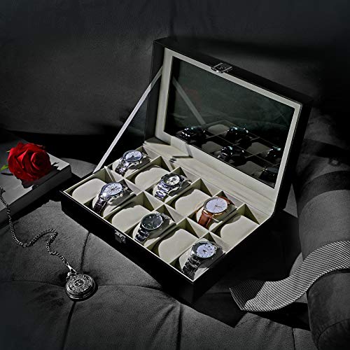 SONGMICS Caja de Relojes con 12 Compartimentos, Estuche para Relojes con Tapa de Cristal, Almohada extraíble, Forro de Terciopelo, Cierre de Metal, Cuero Sintético Negro， Forro Beige, Navidad, JWB12BE