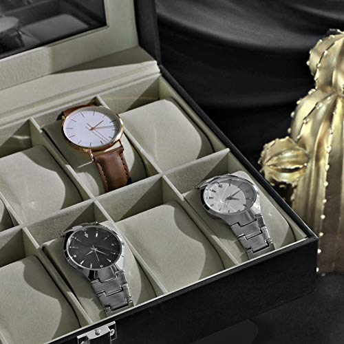 SONGMICS Caja de Relojes con 12 Compartimentos, Estuche para Relojes con Tapa de Cristal, Almohada extraíble, Forro de Terciopelo, Cierre de Metal, Cuero Sintético Negro， Forro Beige, Navidad, JWB12BE