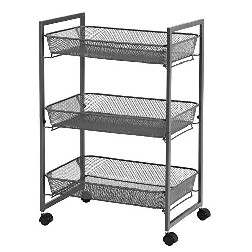 SONGMICS Carro de 3 Niveles, Carro de Cocina y Baño con Cestas de Alambre, Ahorro de Espacio, Montaje Fácil, para Oficina, Sala de Estar, Gris BSC061G01