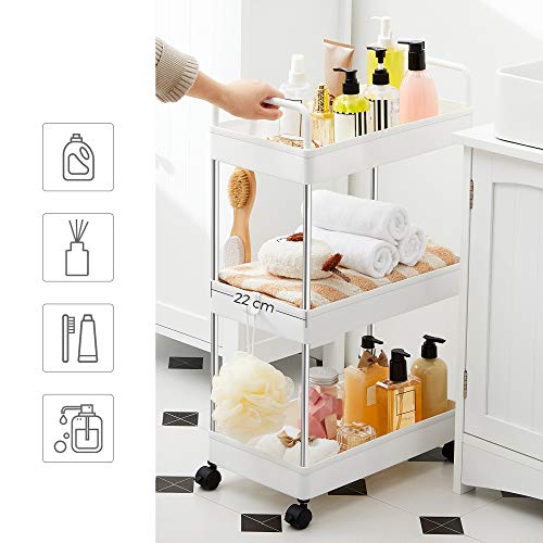 SONGMICS Carro de Almacenamiento, Carro de Cocina y baño de 3 Niveles, Carrito Deslizante con Ruedas y Asas, 40 x 22 x 67 cm, Blanco KSC019W01