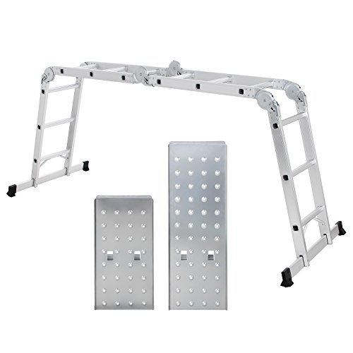 SONGMICS Escalera de Aluminio Multifuncional de 3,5 m, con 2 Placas Metálicas, Escalera Plegable, Carga de 150 kg, Cumple la Norma EN 131, Probada por SGS, Plata GLT36M