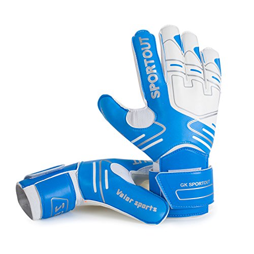 Sportout - Guantes de portero para jóvenes y adultos, con agarre fuerte para las paradas más duras, con refuerzos en los dedos para una mayor protección y para evitar lesiones, color azul, tamaño 8