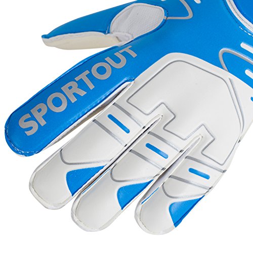 Sportout - Guantes de portero para jóvenes y adultos, con agarre fuerte para las paradas más duras, con refuerzos en los dedos para una mayor protección y para evitar lesiones, color azul, tamaño 8