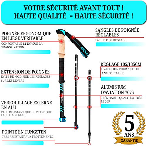 SpOutdoor - Bastones de Trekking Telescopicos de Aluminio (7075), Desmontables Resistentes y Ligero, Baston de Senderismo para Andar con Empuñadura de Corcho y Cierres de Palanca de Ajuste Fácil