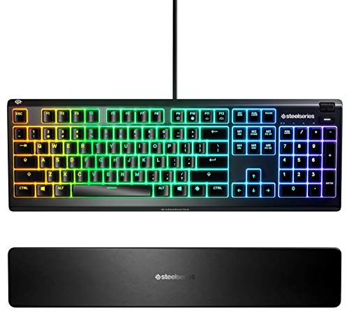 SteelSeries Apex 3 - Teclado RGB para gaming - Iluminación RGB de 10 zonas - Resistencia al agua IP32 - Reposamuñecas magnético superior - Teclado QWERTY Inglesa