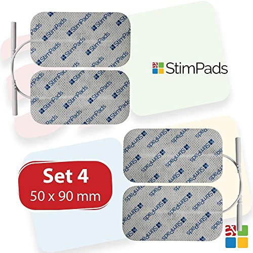 StimPads, 50X90mm, Pack de 4 Unidades de Alto Rendimiento, electrodos TENS - EMS de Larga duración con Conector Universal Tipo Pin de 2mm