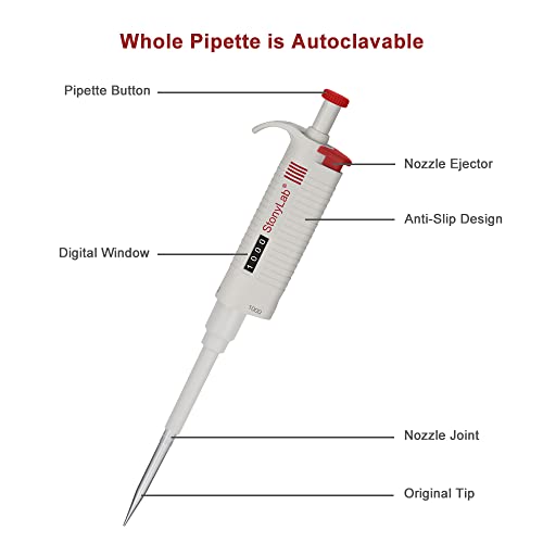 stonylab Controlador de Pipeta Monocanal, Micropipeta de Volumen Variable Ajustable con Cono de Punta Autoclavable, Single Channel Pipette para Investigación de Laboratorio, 100-1000µL