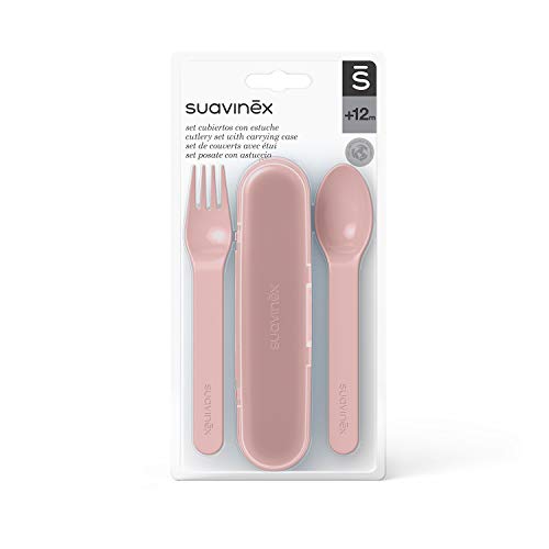 SUAVINEX Set Cubiertos Bebé con Estuche, Cubiertos Infantiles para Comer Fuera de Casa, para Bebés +12 Meses, Color, Rosa