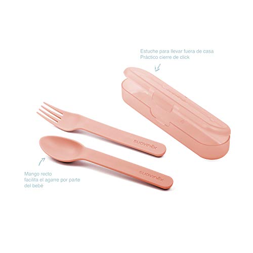 SUAVINEX Set Cubiertos Bebé con Estuche, Cubiertos Infantiles para Comer Fuera de Casa, para Bebés +12 Meses, Color, Rosa