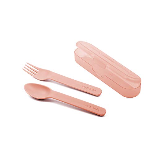 SUAVINEX Set Cubiertos Bebé con Estuche, Cubiertos Infantiles para Comer Fuera de Casa, para Bebés +12 Meses, Color, Rosa