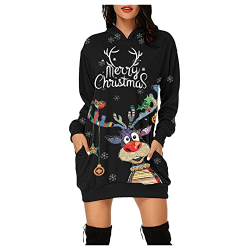 Sudadera Mujer con Capucha Estampada de CiervoReno Juvenil Hoodie Chica Deporte Vestido Sweatshirts con Bolsillos Mujer Blusas Top Jerseys Delgada y Elegante Vestido Suéter Ligera de Longitud Media