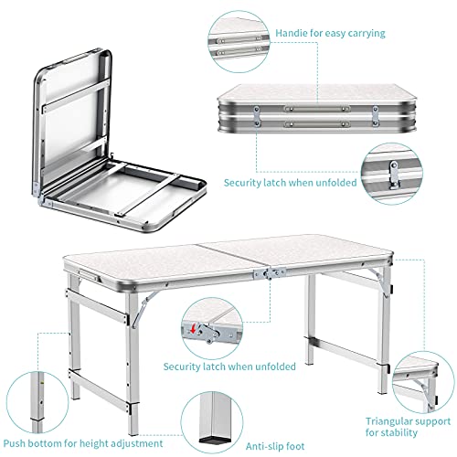 Sunflo - Mesa plegable portátil de 1,2 m de altura ajustable para acampar, portátil, para interiores y exteriores, mesa de picnic y barbacoa con asa, 4FT