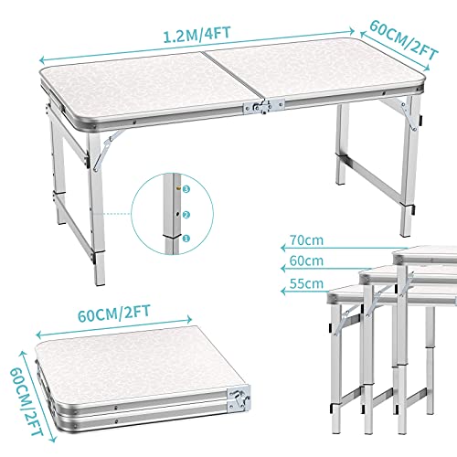 Sunflo - Mesa plegable portátil de 1,2 m de altura ajustable para acampar, portátil, para interiores y exteriores, mesa de picnic y barbacoa con asa, 4FT