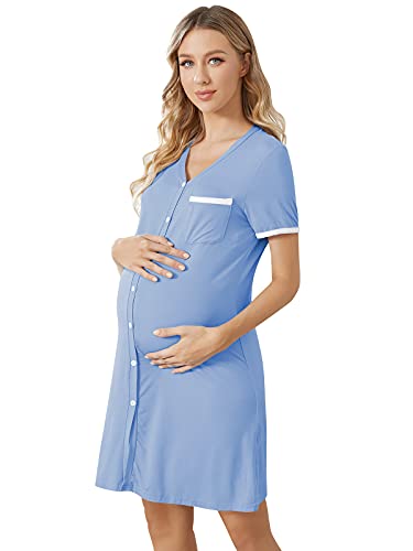 SUNNYME Camisón de mujer con botones de abajo camisón modal de maternidad de enfermería camisón suelto camisón de verano, A-azul, S