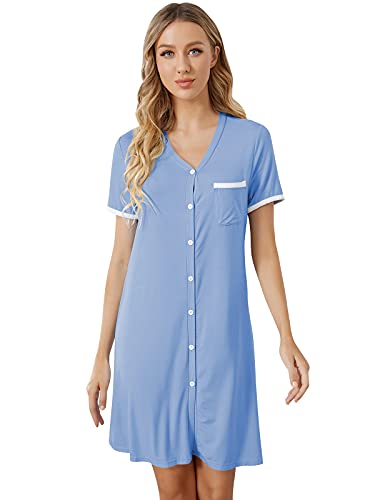 SUNNYME Camisón de mujer con botones de abajo camisón modal de maternidad de enfermería camisón suelto camisón de verano, A-azul, S