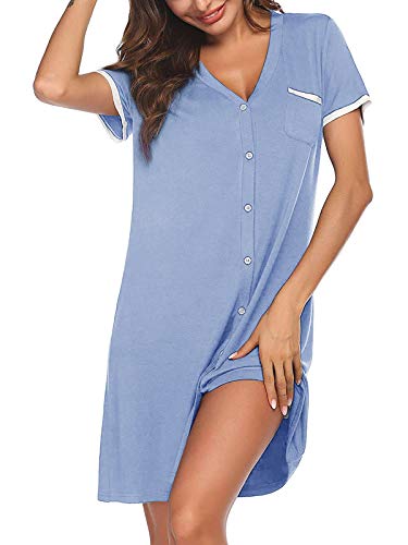 SUNNYME Camisón de mujer con botones de abajo camisón modal de maternidad de enfermería camisón suelto camisón de verano, A-azul, S