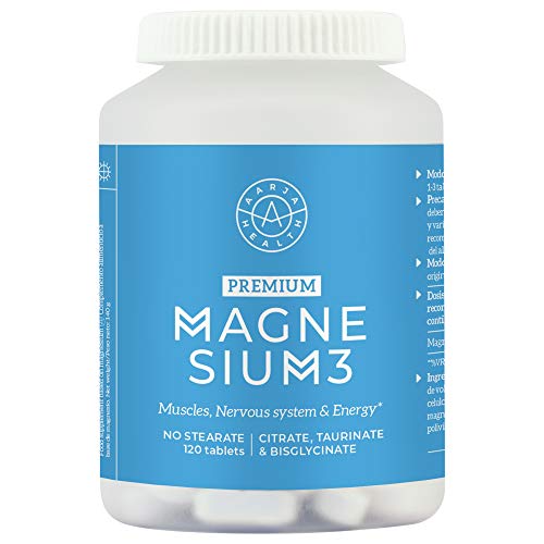 Super Magnesio 3 para Hombres que deseen dormir mejor y sufrir menos de calambres y dolores musculares -Facil de Tomar Magnesio Elemental Puro 375mg- Aarja Health -120 Tabletas veganas-Sin Estearato