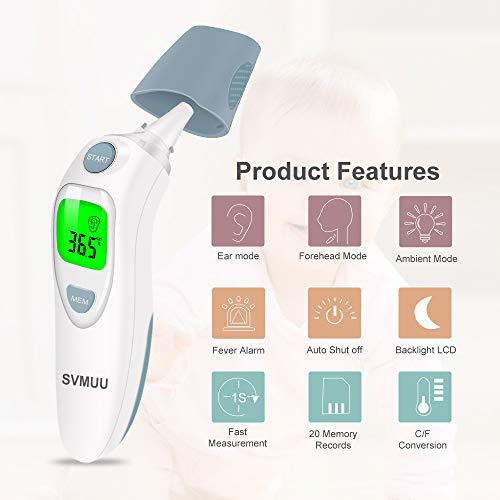 SVMUU Termómetro Digital Frente y Oído, Termómetro Médico Infrarrojo para Bebés, Multifunción 4 en 1, Alarma de Fiebre, Lectura instantánea para niños, Adultos y Objetos, Certifica CE/ROHS/FDA