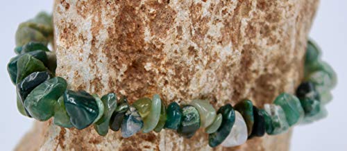 Taddart Minerals – Pulsera verde de piedra natural ágata musgo montada en hilo de nailon elástico – hecha a mano