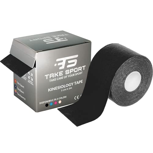 TAKE SPORT® - Cinta de kinesiología para kinesiología, cinta kinesiológica, cinta kinesiológica, cinta de kinesiología, 1 rollo de 5 x 5 m, 95 % algodón, 5 % elastano, elástico (negro/negro)